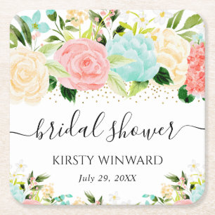 Waterverf Roze en Mint Bloemen Bruidsdouche Kartonnen Onderzetters