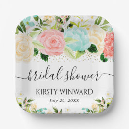 Waterverf Roze en Mint Bloemen Bruidsdouche Papieren Bordje