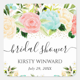 Waterverf Roze en Mint Bloemen Bruidsdouche Vierkante Sticker