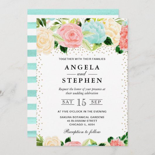 Waterverf Roze en Mint Bloemen Bruiloft Kaart (Voorkant / Achterkant)