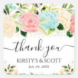 Waterverf Roze en Mint Bloemen Bruiloft Vierkante Sticker