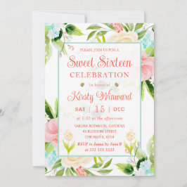 Waterverf Roze en Mint Bloemen Sweet Sixteen Kaart