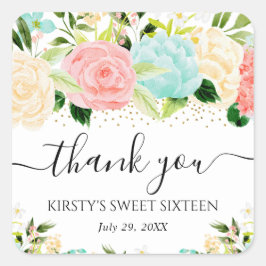 Waterverf Roze en Mint Bloemen Sweet Sixteen Vierkante Sticker