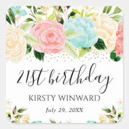 Waterverf Roze en Mint Bloemen Verjaardag Vierkante Sticker