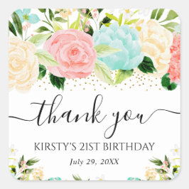 Waterverf Roze en Mint Bloemen Verjaardagsfeest Vierkante Sticker