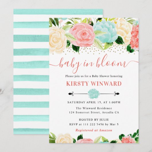 Waterverf Roze en Mint Flowers Baby shower Kaart (Voorkant / Achterkant)