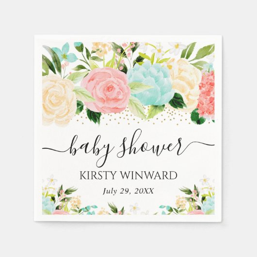 Waterverf Roze en Mint Flowers Baby shower Servet (Voorkant)