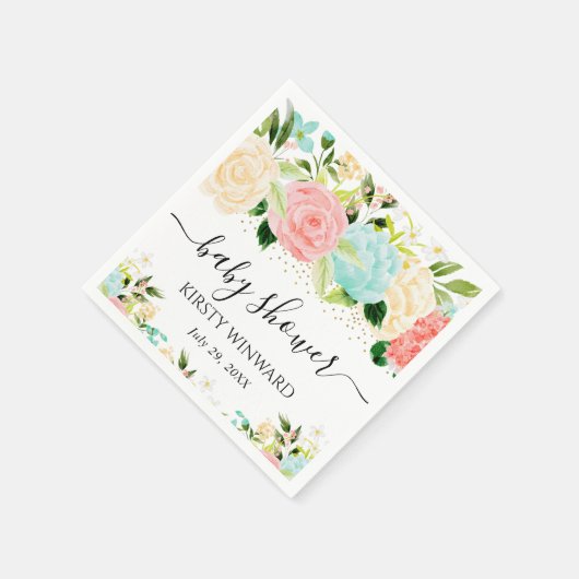 Waterverf Roze en Mint Flowers Baby shower Servet (Hoek)