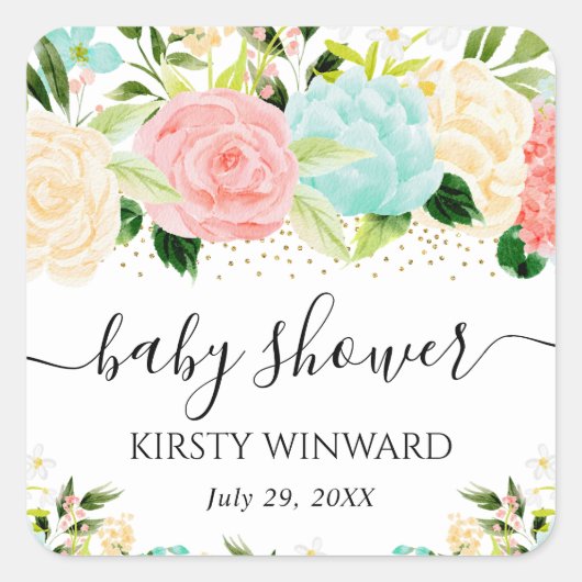 Waterverf Roze en Mint Flowers Baby shower Vierkante Sticker (Voorkant)