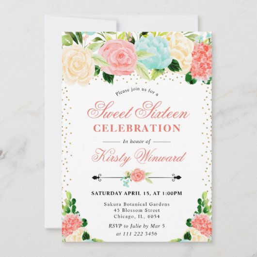 Waterverf Roze en Mint Flowers Foto Zoet 16 Kaart (Voorkant)