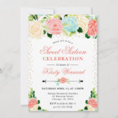 Waterverf Roze en Mint Flowers Sweet 16 Kaart (Voorkant)