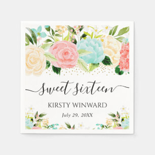 Waterverf Roze en Mint Flowers Sweet Sixteen Servet