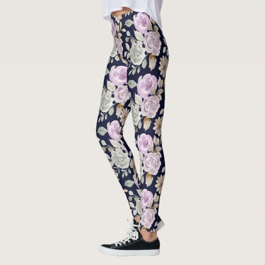 Waterverf Roze en Mint Groene Rozen Floral Boho Leggings (Links)