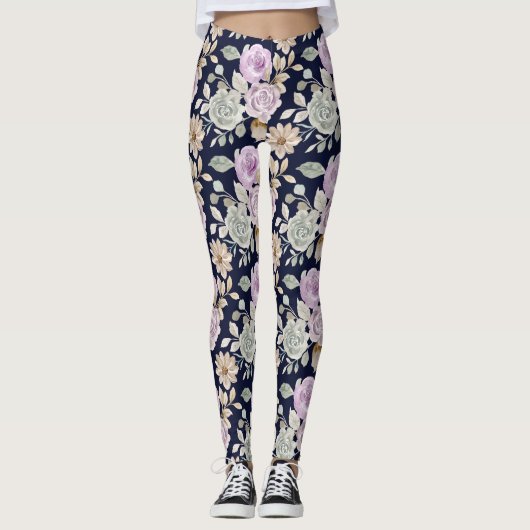Waterverf Roze en Mint Groene Rozen Floral Boho Leggings (Voorkant)