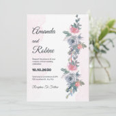 Waterverf Roze en Navy Bloemen Huwelijksuitnodigin Kaart (Staand voorkant)