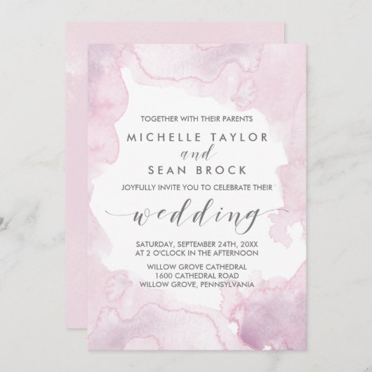 Waterverf | Roze en Paarse bruiloft Kaart (Voorkant / Achterkant)