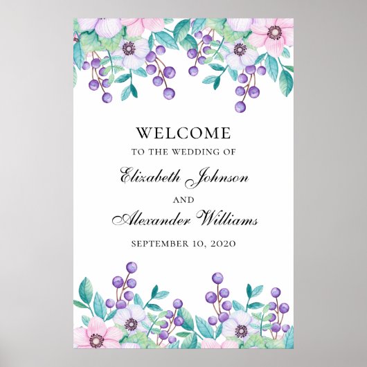 Waterverf roze en paarse bruiloft welkom poster (Voorkant)