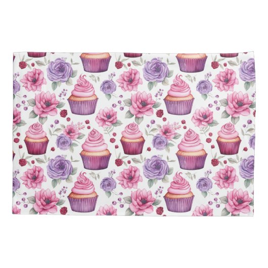 Waterverf Roze en Paarse cupcakes en bloemen Kussensloop (Achterkant)