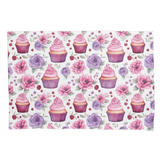 Waterverf Roze en Paarse cupcakes en bloemen Kussensloop (Voorkant)