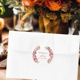 Waterverf roze en paarse pioen huwelijksfeest ronde sticker