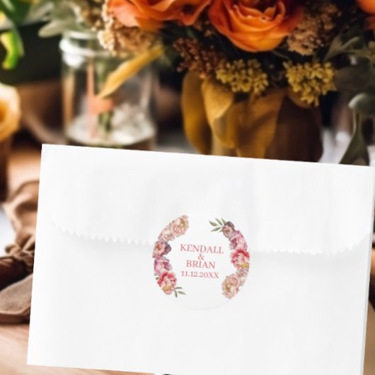 Waterverf roze en paarse pioen huwelijksfeest ronde sticker