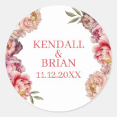 Waterverf roze en paarse pioen huwelijksfeest ronde sticker (Voorkant)