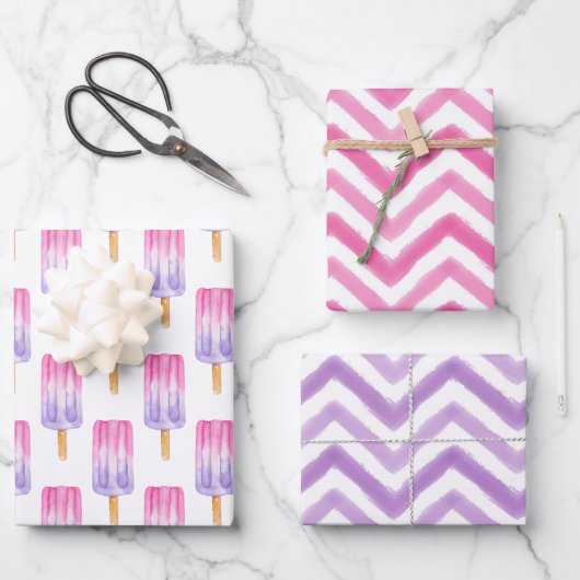 Waterverf Roze en Paarse Popsikel Chevron Inpakpapier Vel (Voorkant)