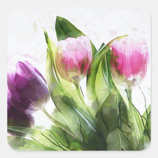 Waterverf Roze en Paarse Tulp Sticker (Voorkant)