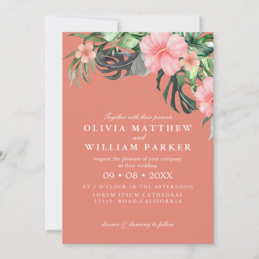 Waterverf roze en perzik bloemen Tropische bruilof Kaart (Voorkant)