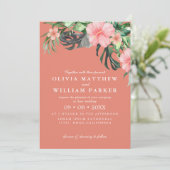 Waterverf roze en perzik bloemen Tropische bruilof Kaart (Staand voorkant)