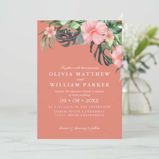 Waterverf roze en perzik bloemen Tropische bruilof Kaart (Staand voorkant)