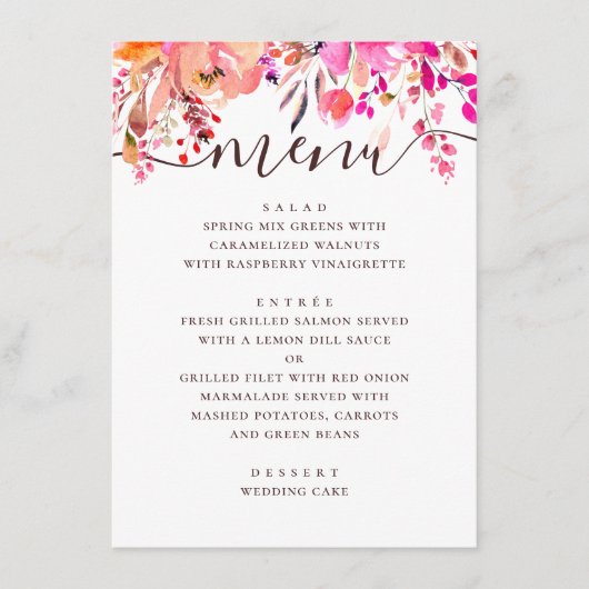 Waterverf roze en perzik bloementuin bruiloft menu (Voorkant)