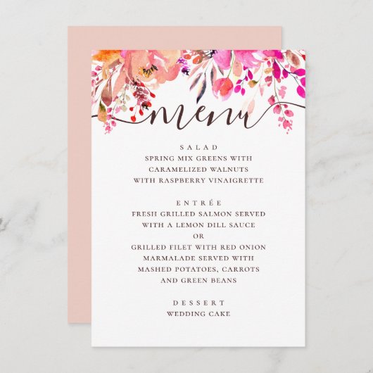 Waterverf roze en perzik bloementuin bruiloft menu (Voorkant / Achterkant)