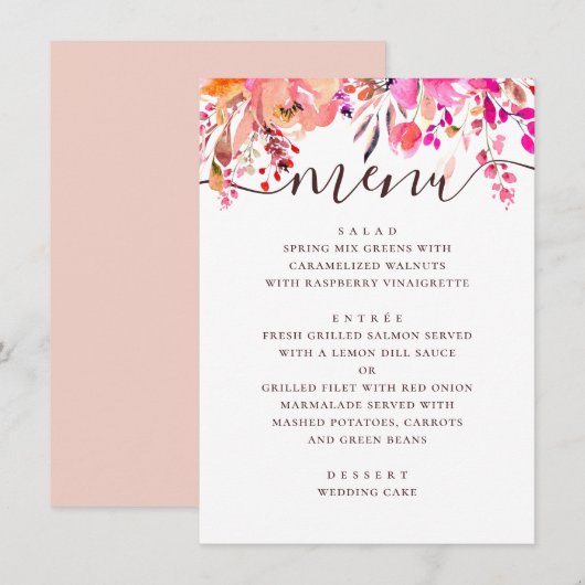 Waterverf roze en perzik bloemetuin bruiloft menu (Voorkant / Achterkant)