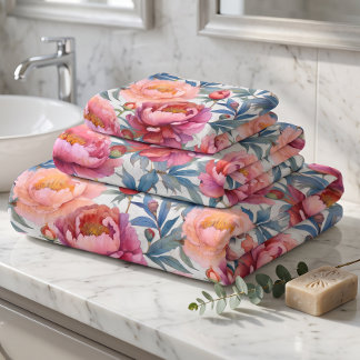Waterverf Roze en Perzik Pioenbloemen Bad Handdoek