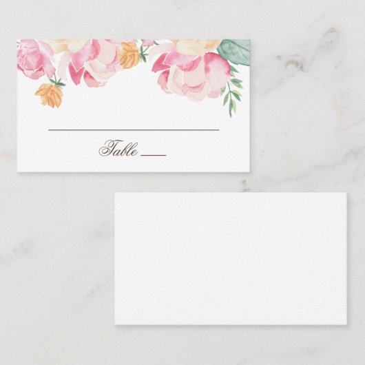 Waterverf roze en perzik tuin bloemenbruiloft plaatskaartje (Voorkant / Achterkant)