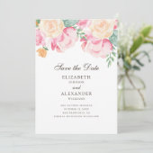 Waterverf roze en perzikbloemen. Floral bruiloft Save The Date (Staand voorkant)