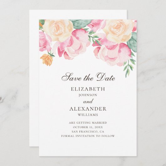 Waterverf roze en perzikbloemen. Floral bruiloft Save The Date (Voorkant / Achterkant)