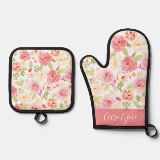 Waterverf Roze en perzikkleurige bloemen gepersona Ovenwant & Pannenlap Set (Voorkant)