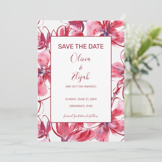 Waterverf roze en rode bloemen save the date (Staand voorkant)