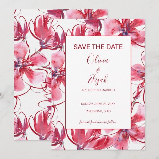 Waterverf roze en rode bloemen save the date (Voorkant / Achterkant)