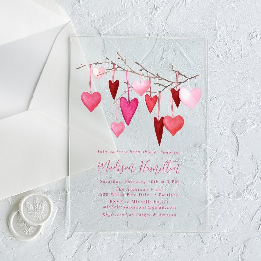 Waterverf Roze en Rode Hart Branch Baby shower Acryl Uitnodigingen