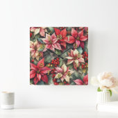 Waterverf Roze en Rode Poinsettia Vierkante Klok (Huis)