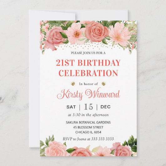 Waterverf Roze en Rode Rozen Verjaardag Kaart (Voorkant)