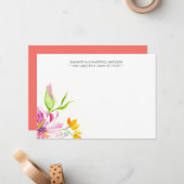 Waterverf Roze en Sinaasappel Bloemen bedankje Notitiekaartje (Voorkant / Achterkant in situ)