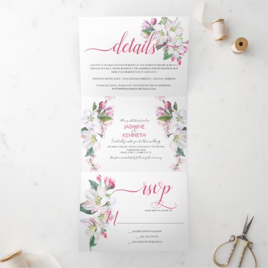 Waterverf Roze en White Apple Blossom Wedding Drieluik Uitnodiging (Binnen)