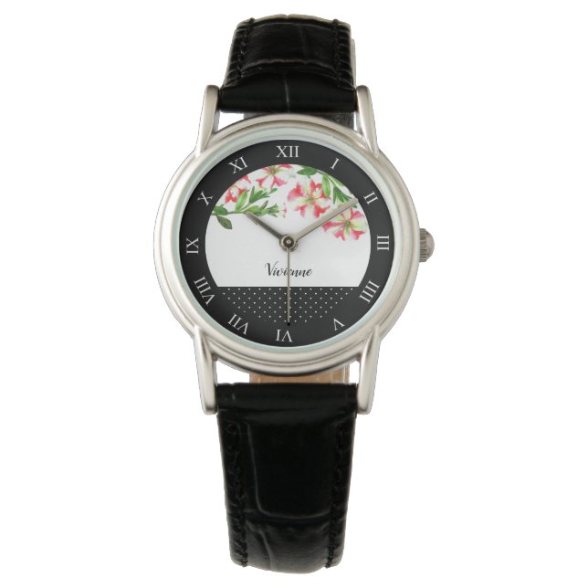 Waterverf Roze en White Petunias Polka Dot Roman Horloge (Voorkant)