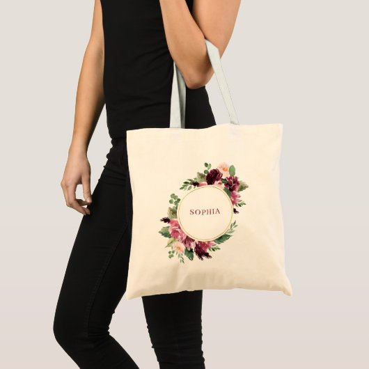 Waterverf Roze en Wijn gekleurde Bloemen met goud Tote Bag (Voorkant (product))