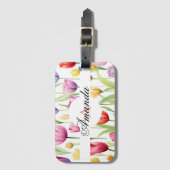 Waterverf Roze en Wit Monogramed Tulpenpatroon Bagagelabel (Voorkant (verticaal))