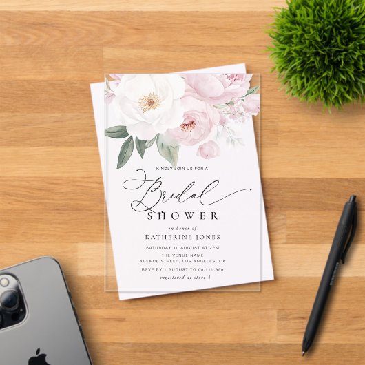 Waterverf roze en witte bloemen vrijgezellenfeest acryl uitnodigingen (Insitu (Uitnodiging))